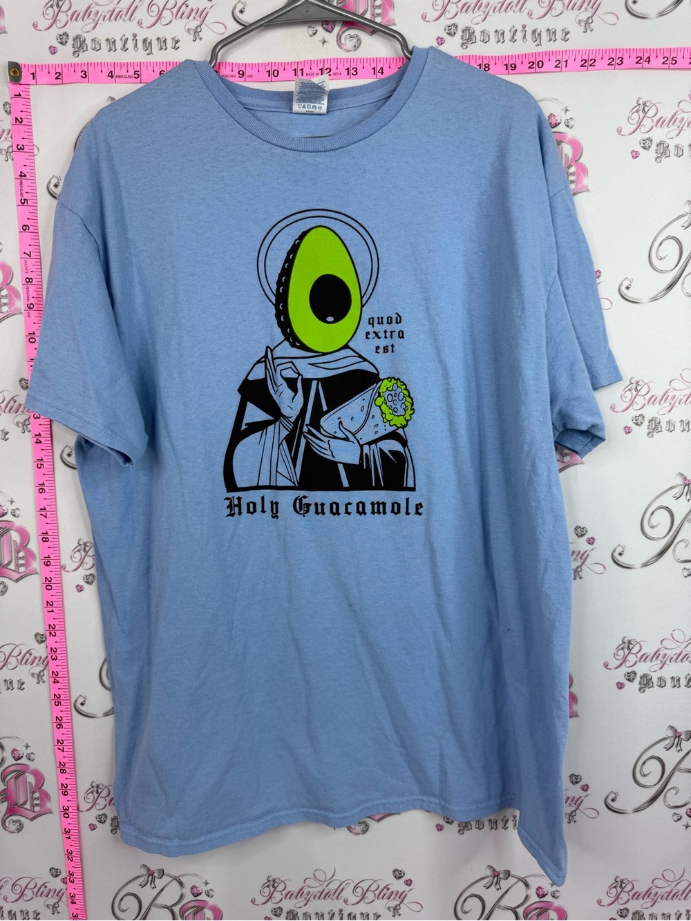 Delta Light Blue Holy Guacamole Graphic Tee with Black and Neon Green Print